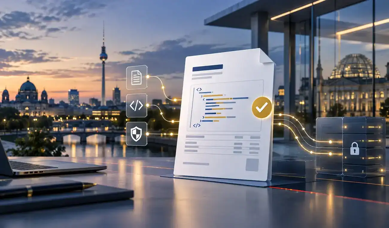 Digitale E-Rechnung mit strukturierten Daten und Sicherheitsprüfung vor der Berliner Skyline