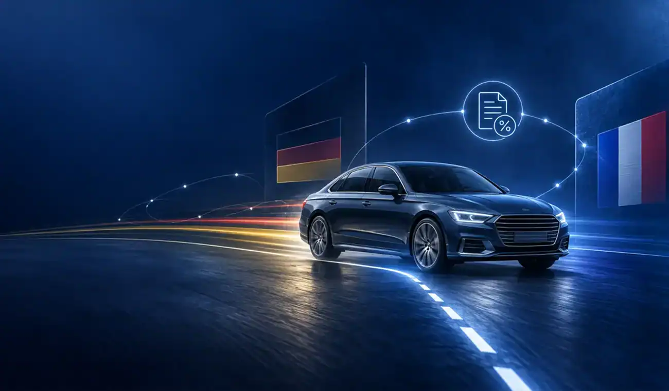 Firmenwagen zwischen Deutschland und Frankreich als Symbol für grenzüberschreitende Umsatzsteuer